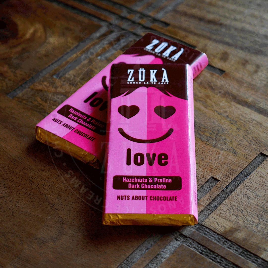 THE LOVE CHOCOLATE BAR (HAZELNUTS & PRALINE DARK CHOCOLATE)